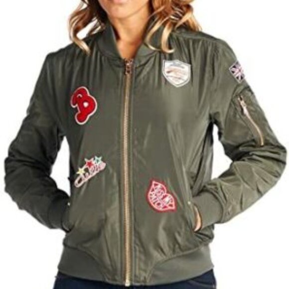 Ci Sono Jackets & Blazers - Ci SONO Olive Green Patches Nylon Bomber Jacket Women's Size Small